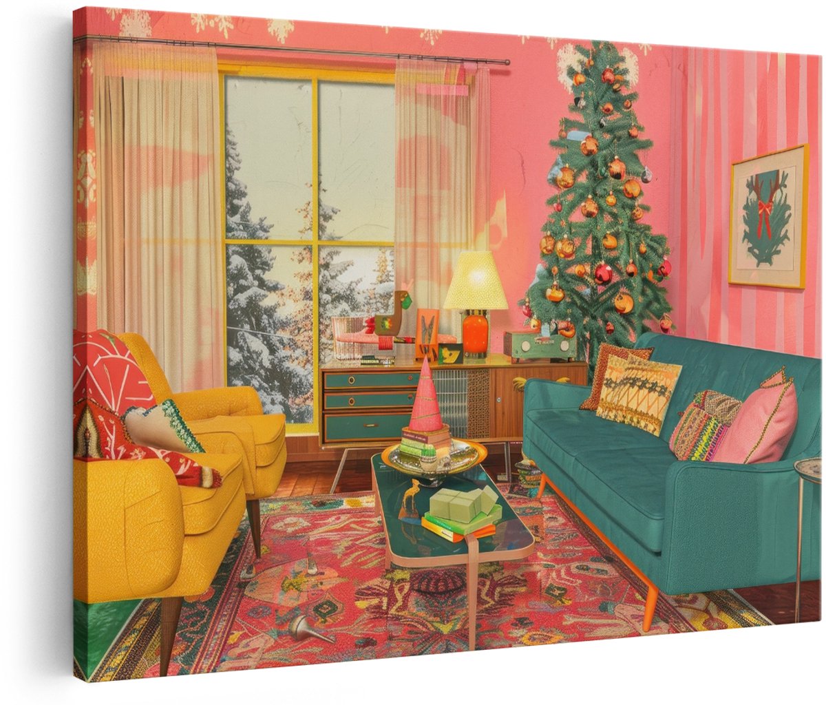 Artaza Canvas Schilderij Retro Woonkamer - 180x120 cm - Groot - Wanddecoratie Kerstboom - Muurdecoratie Vintage - Decoratie Kerst - Roze