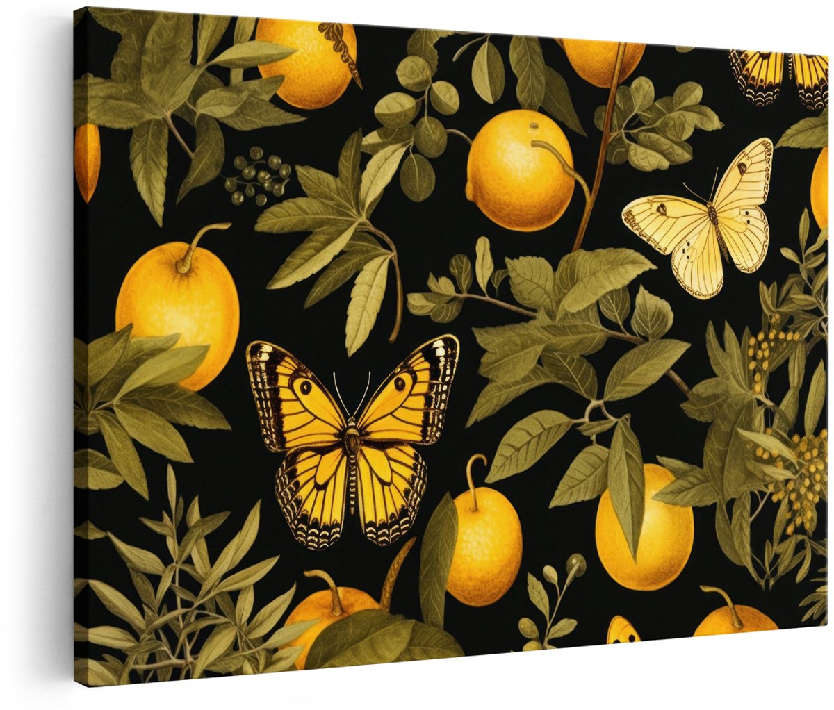 Artaza Canvas Schilderij Vlinders - 180x120 cm - Groot - Wanddecoratie Sinaasappels - Muurdecoratie Vintage Botanisch - Decoratie Vlinders Geel