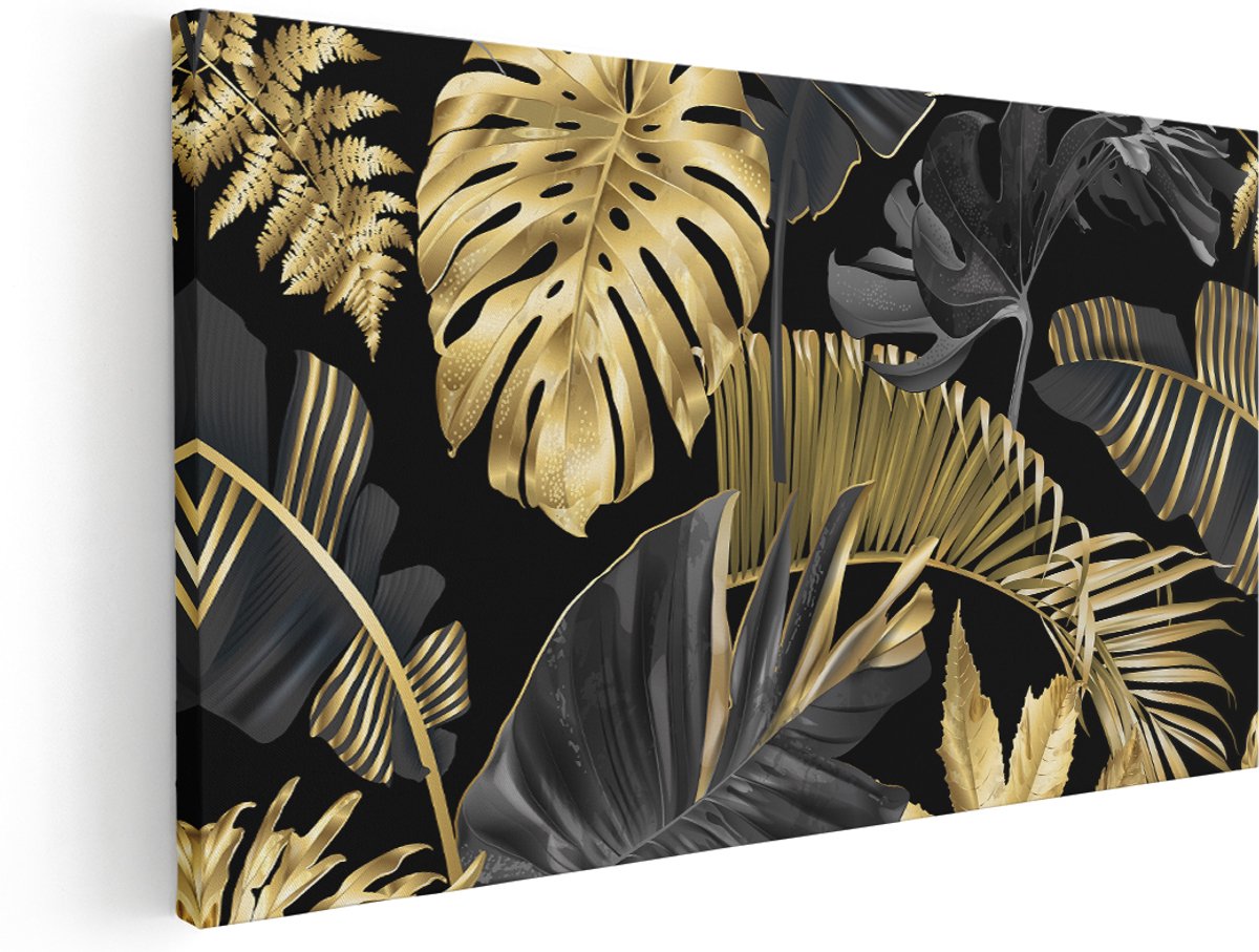 Artaza Canvas Schilderij Gouden Tropische Bladeren - 180x90 cm - Groot - Wanddecoratie Woonkamer - Schilderijen - Muurdecoratie