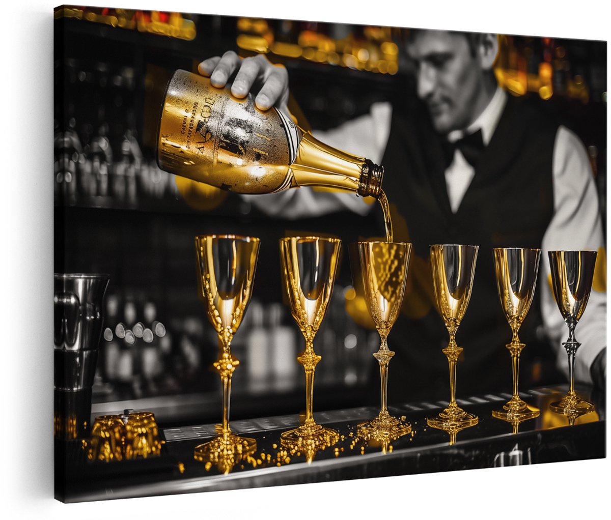 Artaza Canvas Schilderij Barman Giet Champagne in Gouden Fluiten - 180x120 cm - Groot - Wanddecoratie Woonkamer - Schilderijen - Muurdecoratie