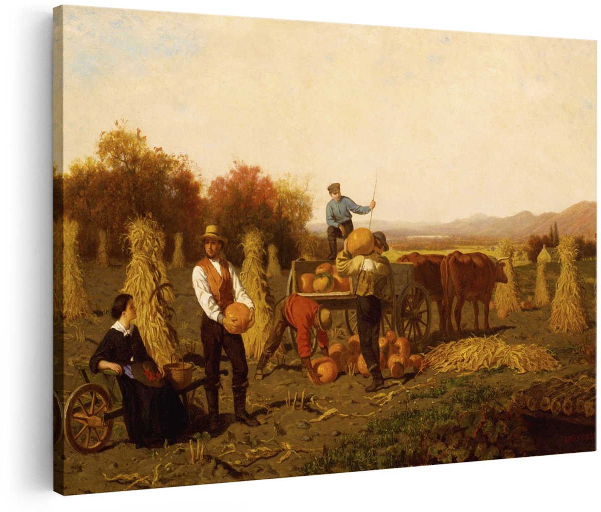 Artaza Canvas Schilderij Pompoenoogst - 180x120 cm - Groot - Wanddecoratie Landelijk Boerderij - Muurdecoratie Herfst Landschap - Decoratie Klassiek