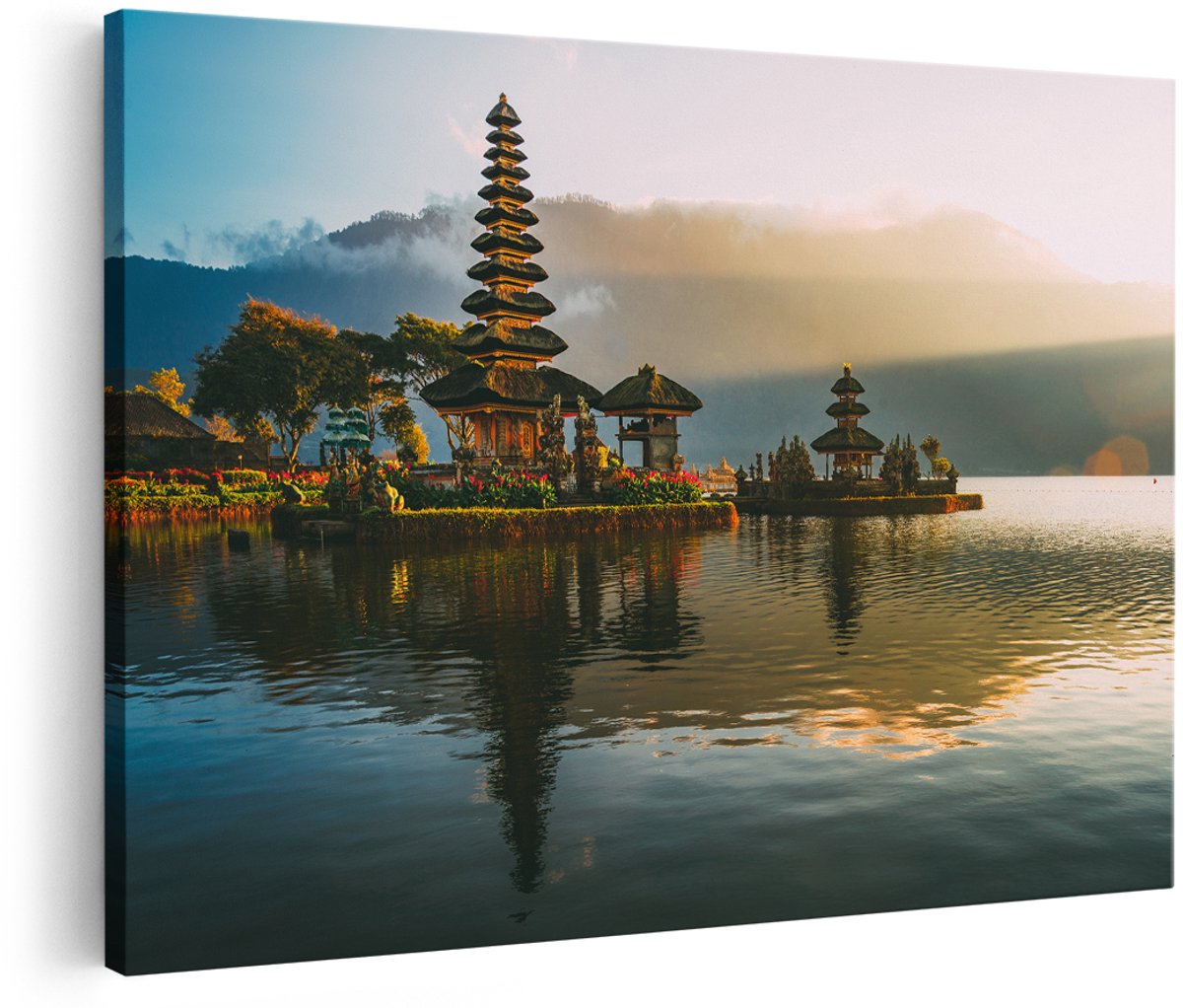 Artaza Canvas Schilderij Pura Tempel in Bali op het Meer Beratan - 180x120 cm - Groot - Foto Op Canvas - Wanddecoratie Woonkamer