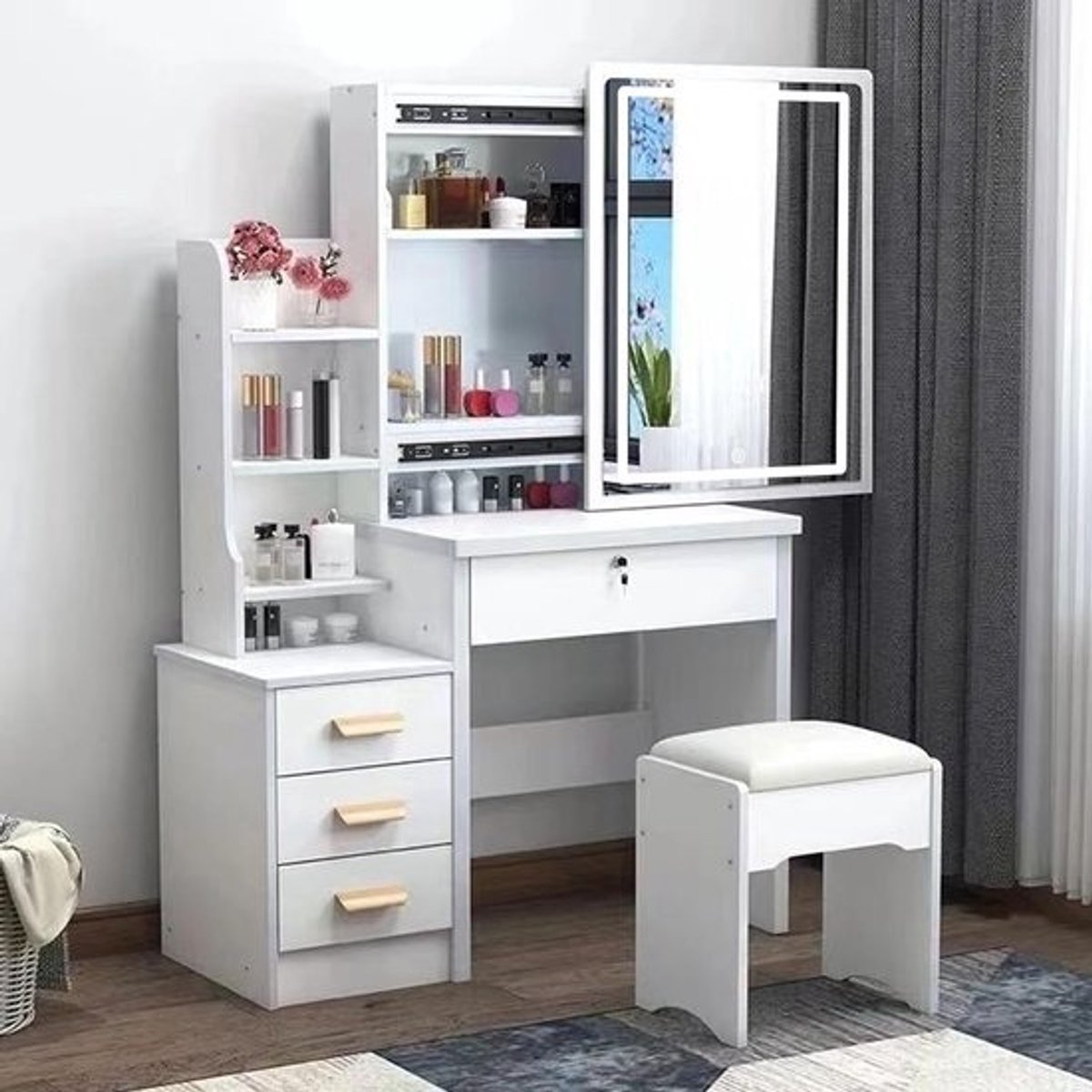 Moderne Kaptafel - Make-up Tafel Bureau - Slaapkamer Inrichting - Verstelbare LED Spiegel - 4 Laden 6 Planken - Wit
