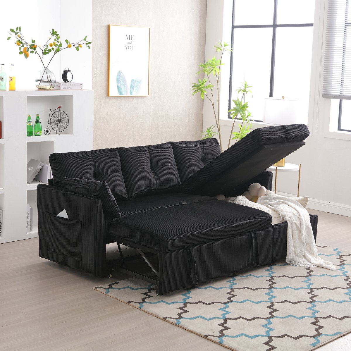 MODENUIT Slaapbank 206 x 108 x 66 cm - Uittrekbaar Bed Met Opbergruimte - Woonkamer - Corduroy - Zwart