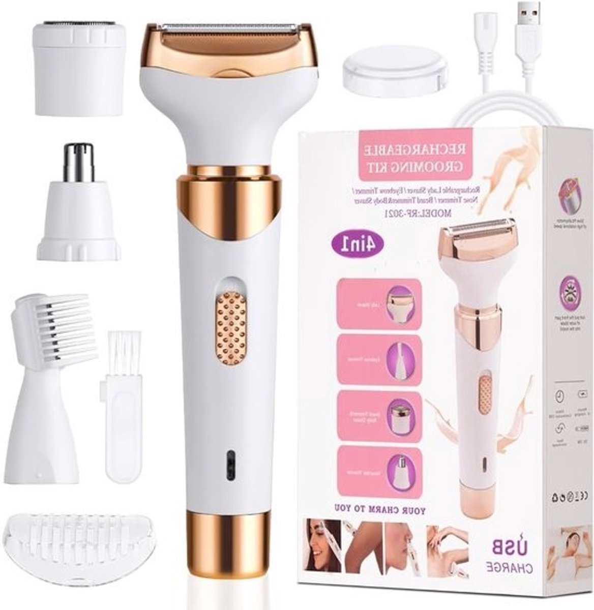 Draadloze 4-in-1 Elektrische Scheerapparaat voor Vrouwen, Oplaadbare Pijnloze Bikini Trimmer voor Gezicht en Benen, Geschikt voor Nat en Droog Gebruik