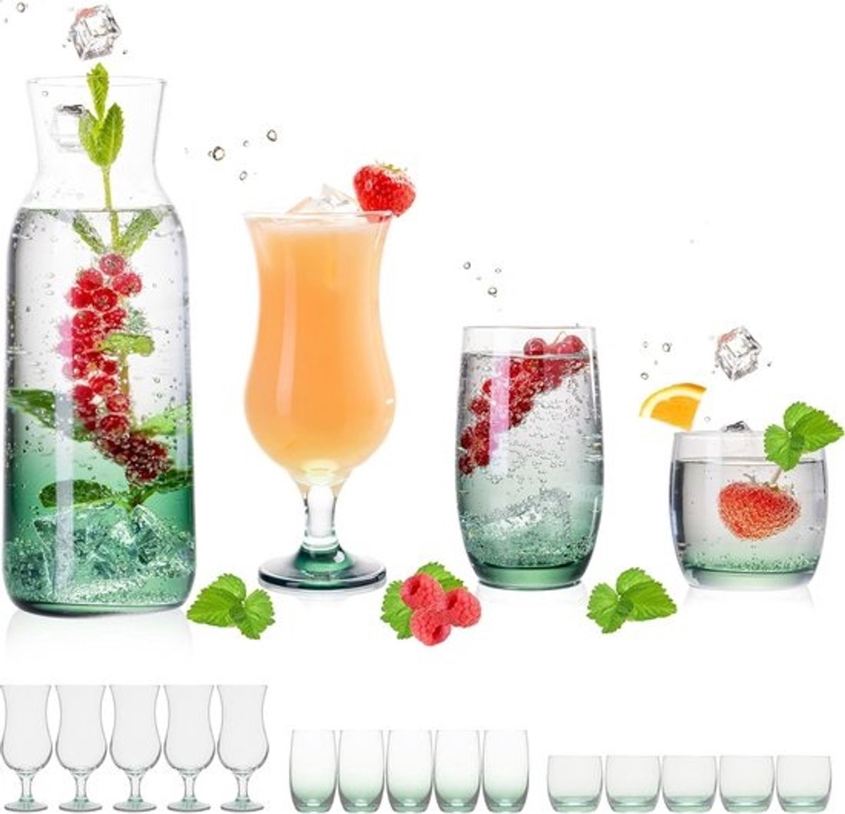 Groene glazen set met karaf en cocktailglazen - 19-delig ombré design