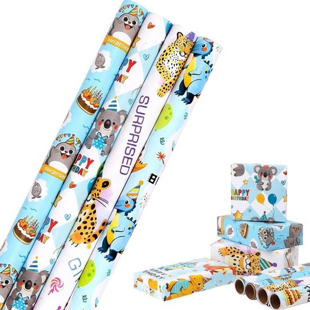 Dierlijk Verjaardag Inpakpapier - 4 Rollen Cadeaupapier voor Kinderen