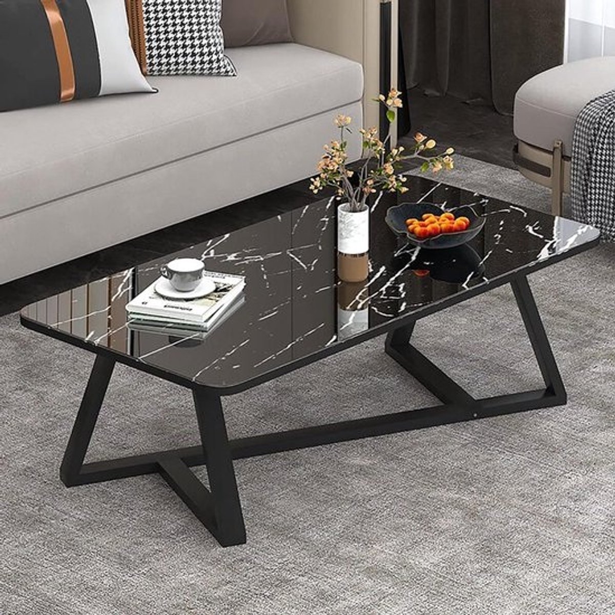 Salontafel Rechthoekig - Bijzettafel Woonkamer - Woonkamer Decoratie - Faux Marmeren Blad - 100x50x45CM - Zwart