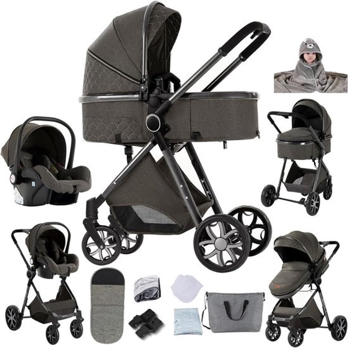 3-in-1 Combikinderwagen Lichtgewicht Aluminium Inklapbaar Babywagen Set