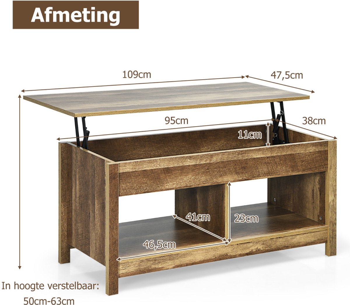 SureDeal® - Salontafel - Bovenkant Optillen Moderne - Zwart - Eiken - Wit - 109x47,5x50 cm - Bruin