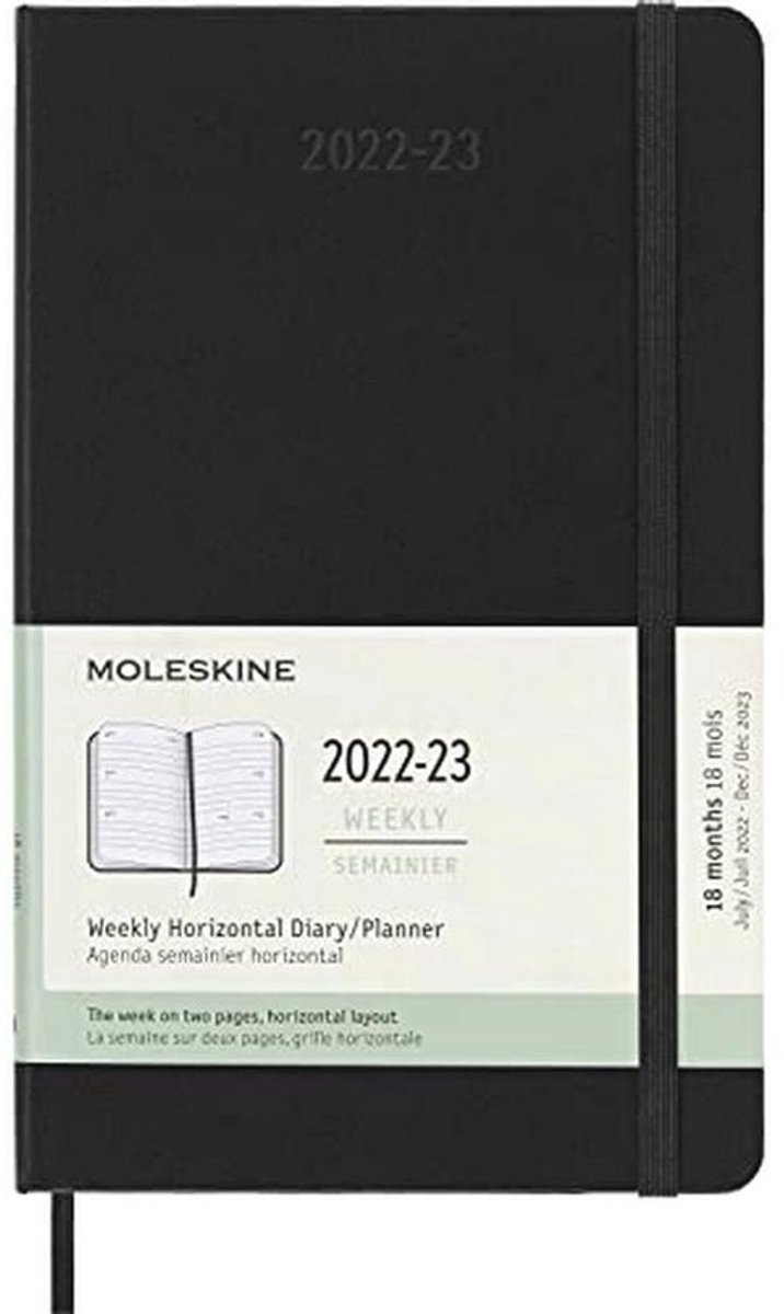 Horizontale Weekplanner en Pocket-agenda 18 Maanden 2022/2023 - Zwarte Kalender Maat Large 13 x 21 cm