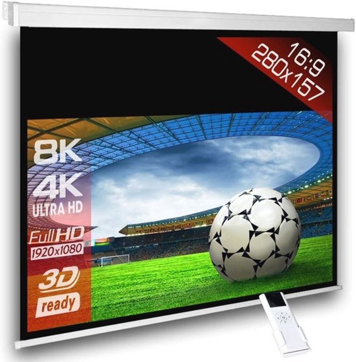 Motorisch projectiescherm 280 x 157 cm 16:9 FULL-HD 4K/8K 3D met afstandsbediening