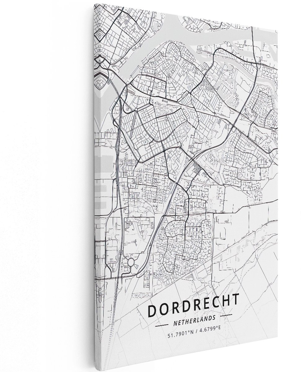 Artaza Canvas Schilderij Stadskaart Dordrecht in het Wit - 120x180 cm - Groot - Muurdecoratie - Canvas Print