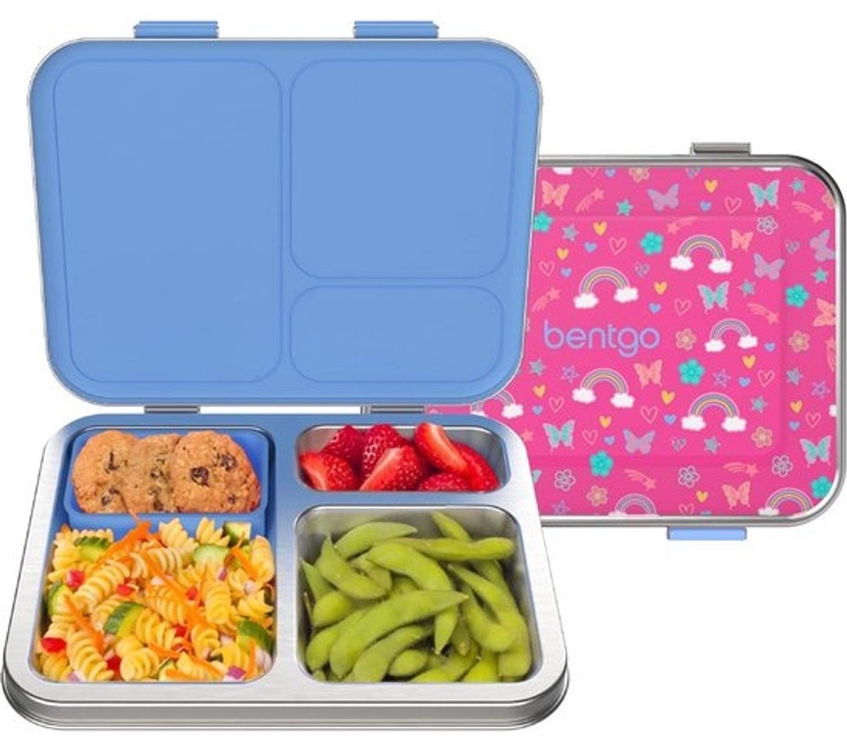 Kinder Lunchbox van Roestvrij Staal met 3 Vakken en Uitneembaar Siliconen Bakje - Lekvrij en Vaatwasserbestendig voor Kinderen vanaf 3 Jaar