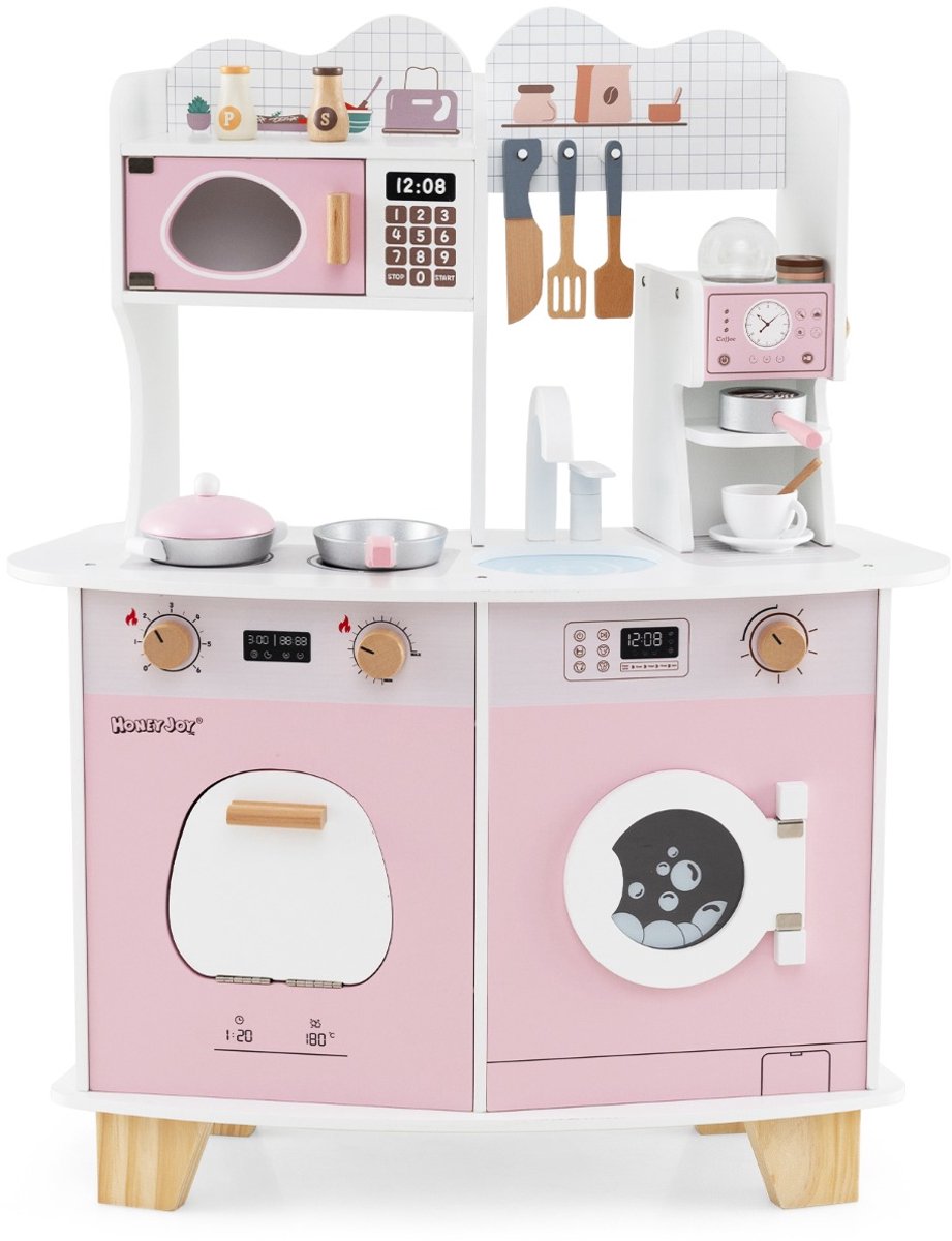 SureDeal® - Rollenspell - Houten Kinderkeuken Speelkeuken - Koffiezetapparaat Magnetron Oven - Gootsteen Roze - 70x30x88 cm - Roze