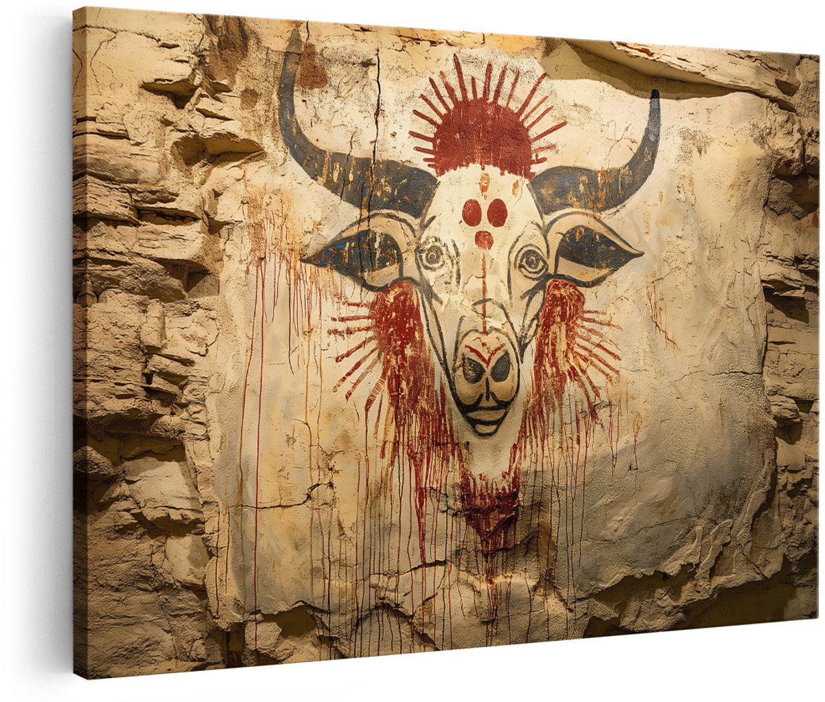 Artaza Canvas Schilderij Stier - 150x100 cm - Groot - Wanddecoratie Rotstekening - Muurdecoratie Dieren - Schilderijen Op Canvas Tribal