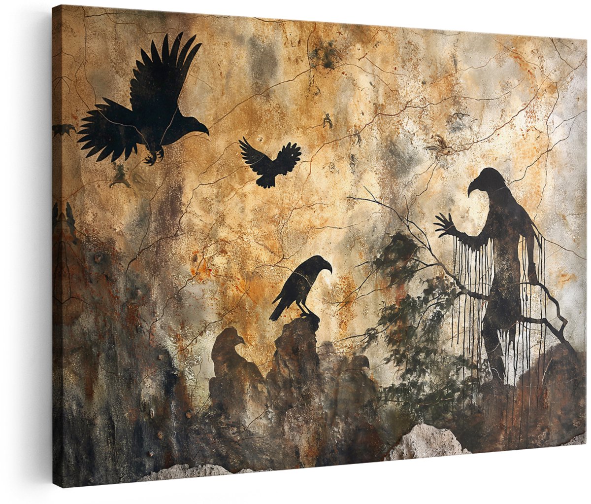 Artaza Canvas Schilderij Raven - 150x100 cm - Groot - Vintage Wanddecoratie Mythologisch - Muurdecoratie Vogels - Gothic Schilderijen Op Canvas
