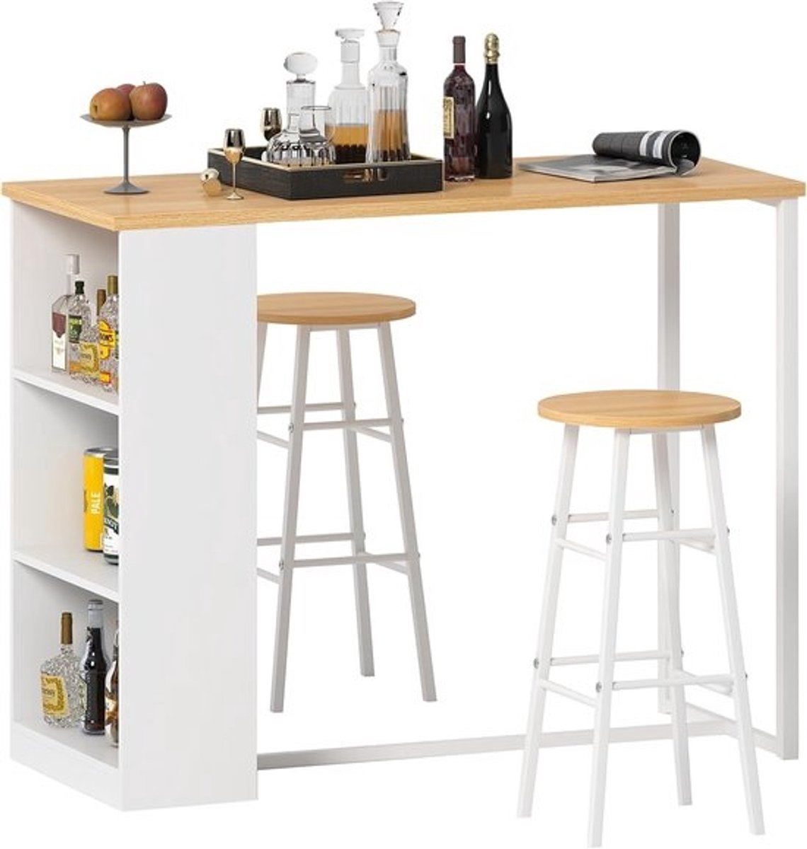 Bijzettafel met 3 Opbergvakken - Multifunctionele Statafel en Eettafel - Metalen Frame voor Keuken en Eetkamer