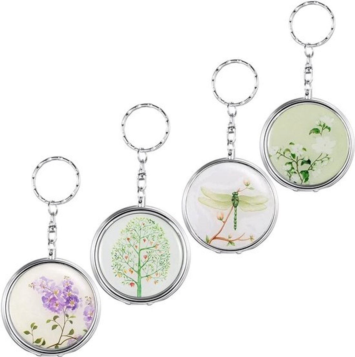 Set van 4 Ronde Metalen Pillendoosjes met Sleutelhanger en Spiegel