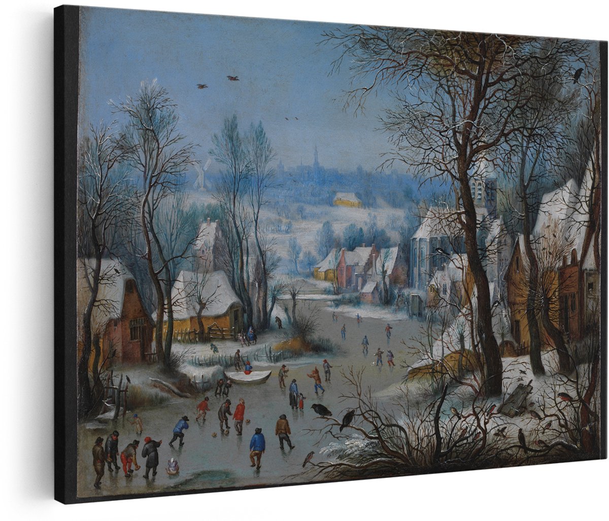 Artaza Canvas Schilderij Winterlandschap - 150x100 cm - Groot - Wanddecoratie Schaatsers - Muurdecoratie Oude Meesters - Decoratie Dorpsgezicht