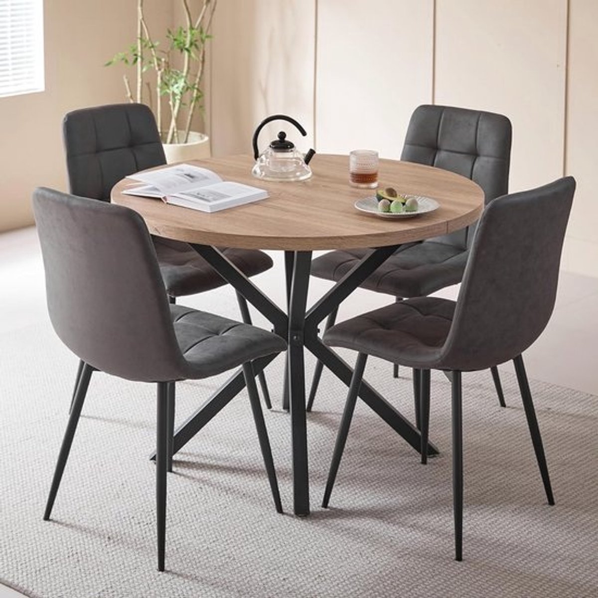 Ronde Eetkamerset met 100 cm Eettafel en 4 Gevoerde Eetkamerstoelen