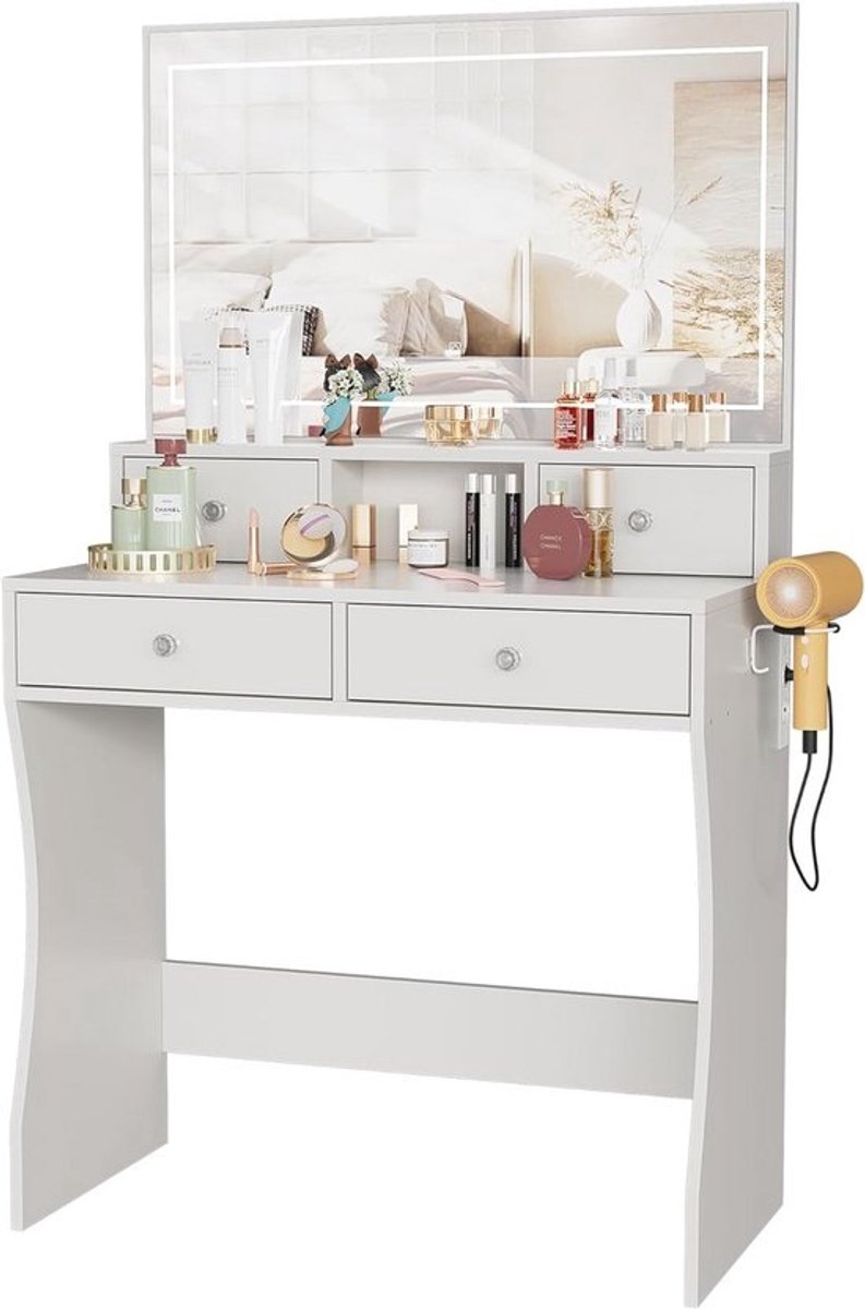 Moderne Make-uptafel met Spiegel en Verlichting | Kaptafel met Oplaadstation