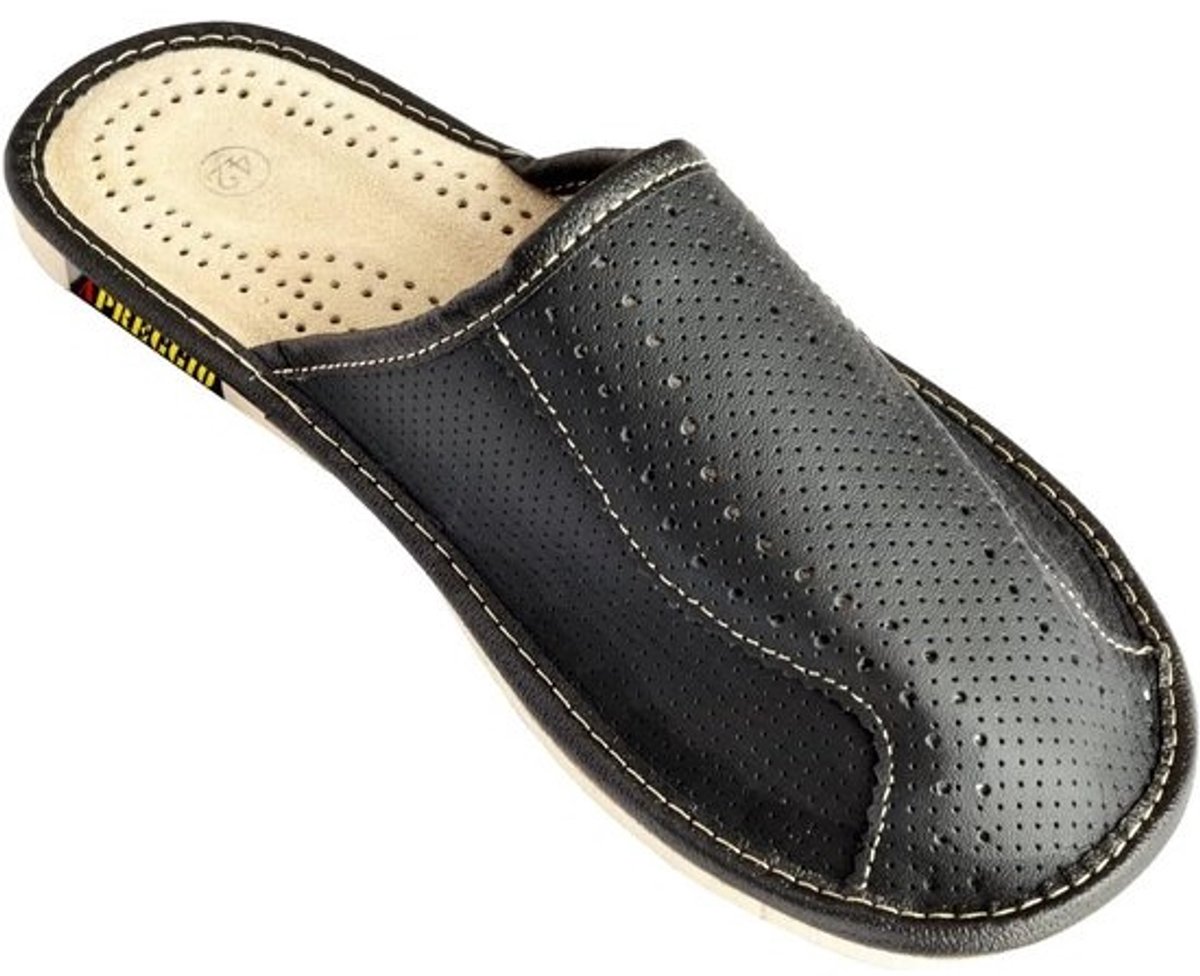 Comfortabele Heren Pantoffels 100% Echt Leer Zwart Met Stevige Zool