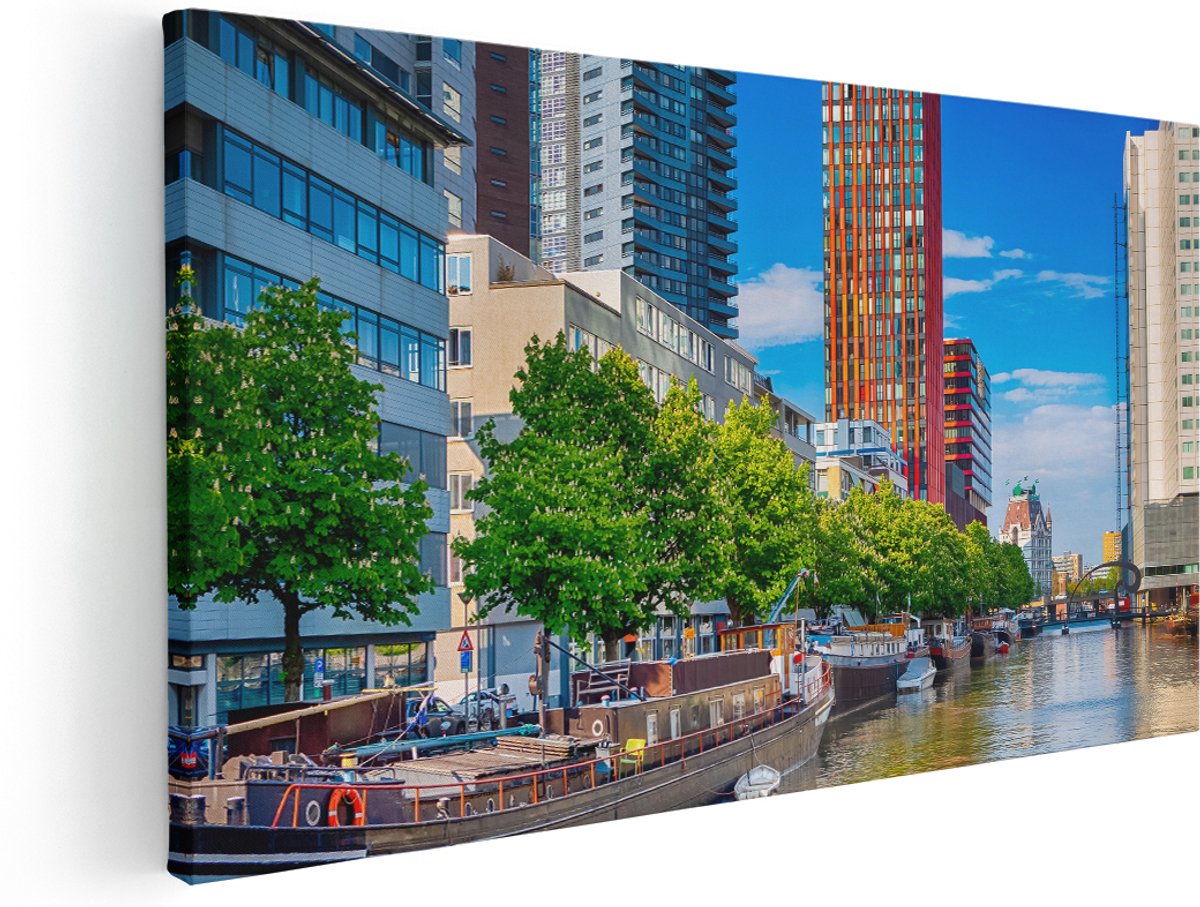 Artaza Canvas Schilderij Rotterdamse Gracht Met Boten - 180x90 cm - Groot - Wanddecoratie Woonkamer - Schilderijen - Muurdecoratie