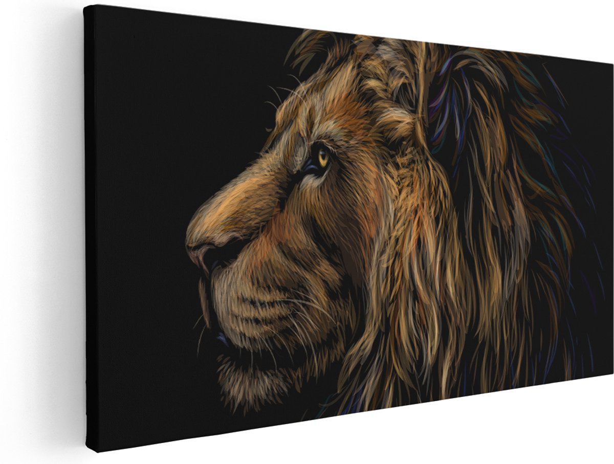 Artaza Canvas Schilderij Getekende Leeuw - Leeuwenkop - Kleur - 180x90 cm - Groot - Wanddecoratie Woonkamer - Schilderijen - Muurdecoratie