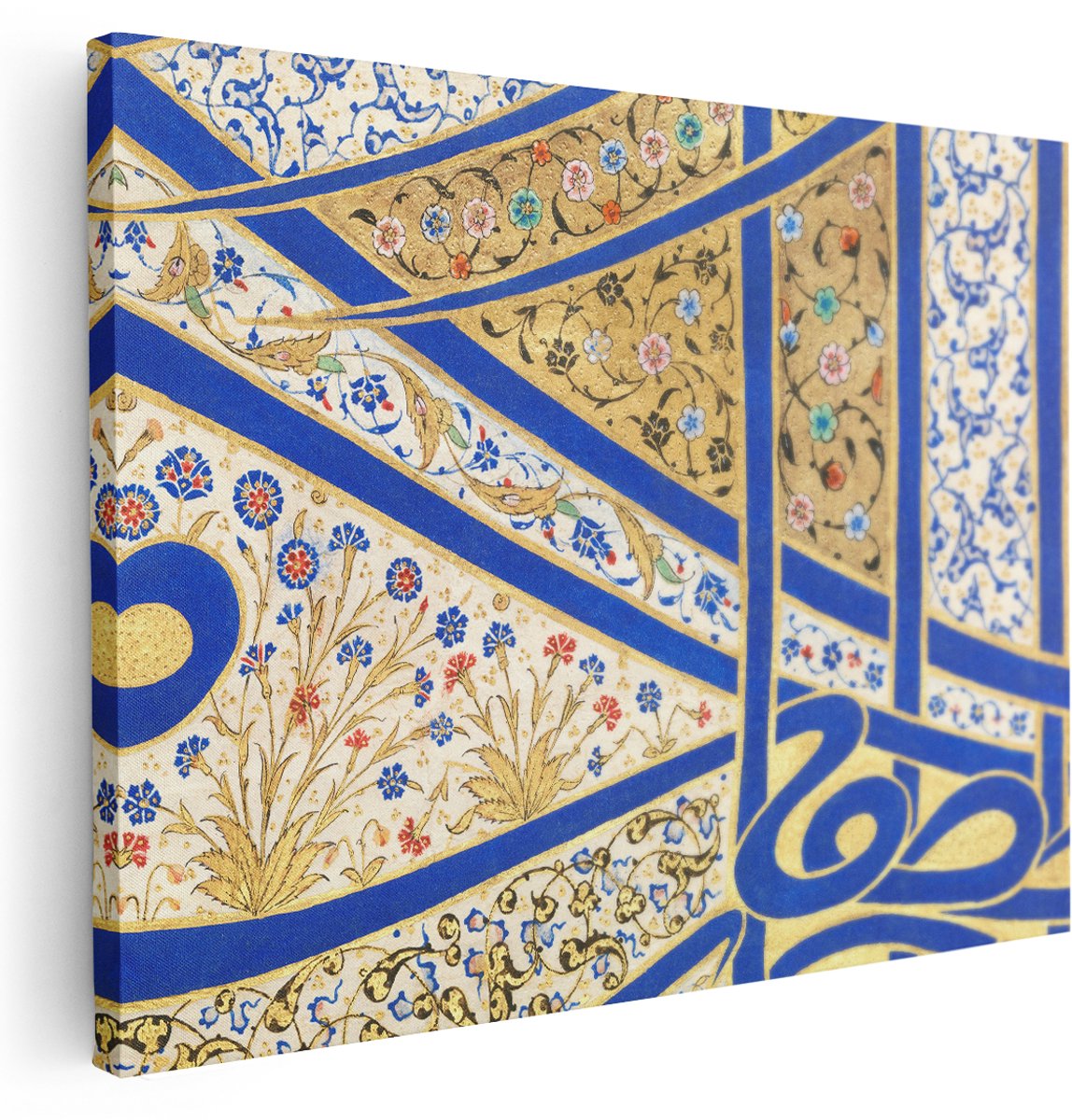 Artaza Canvas Schilderij Islamitisch Manuscript - 160x120 cm - Groot - Gouden Wanddecoratie - Muurdecoratie Arabisch - Schilderijen Bloemmotief - Blauw Goud