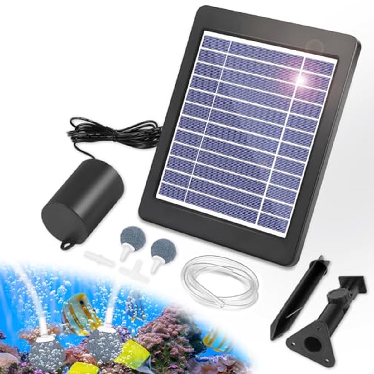 Zonne-luchtpomp - Vijverbeluchter - Aquarium Zuurstof - Ingebouwde Batterij - 4W - Zwart