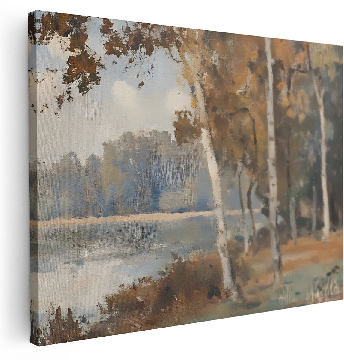 Artaza Canvas Schilderij Bos Aan Meer - 160x120 cm - Groot - Wanddecoratie Berken - Muurdecoratie Natuur Landelijk - Decoratie Woonkamer - Schilderijen Op Canvas