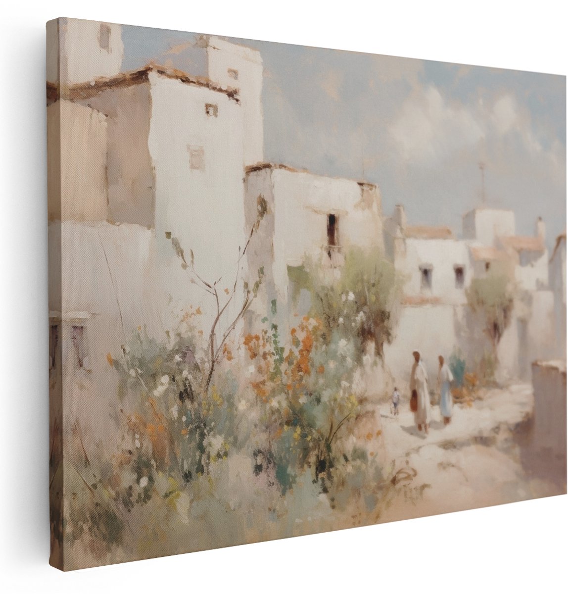 Artaza Canvas Schilderij Wit Dorp - 160x120 cm - Groot - Wanddecoratie Landelijk - Muurdecoratie Zuiders Landschap - Schilderijen Op Canvas Natuur