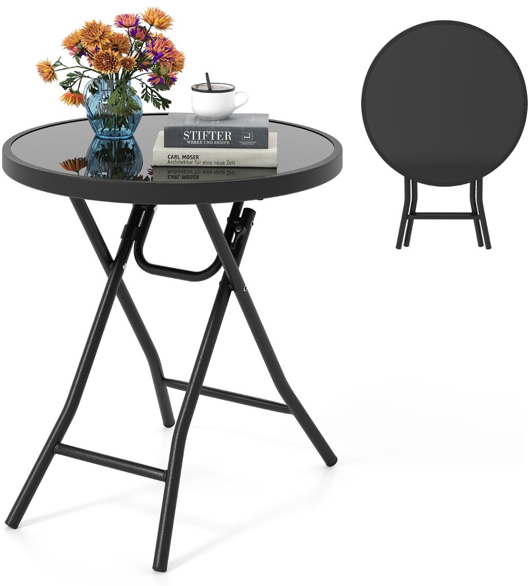 SureDeal® - Tuintafel - Bijzettafel Inklapbaar Kleine - Tafelblad Gehard Glas - Balkon Tuin Terras - 46x48 cm - Donkerbruin