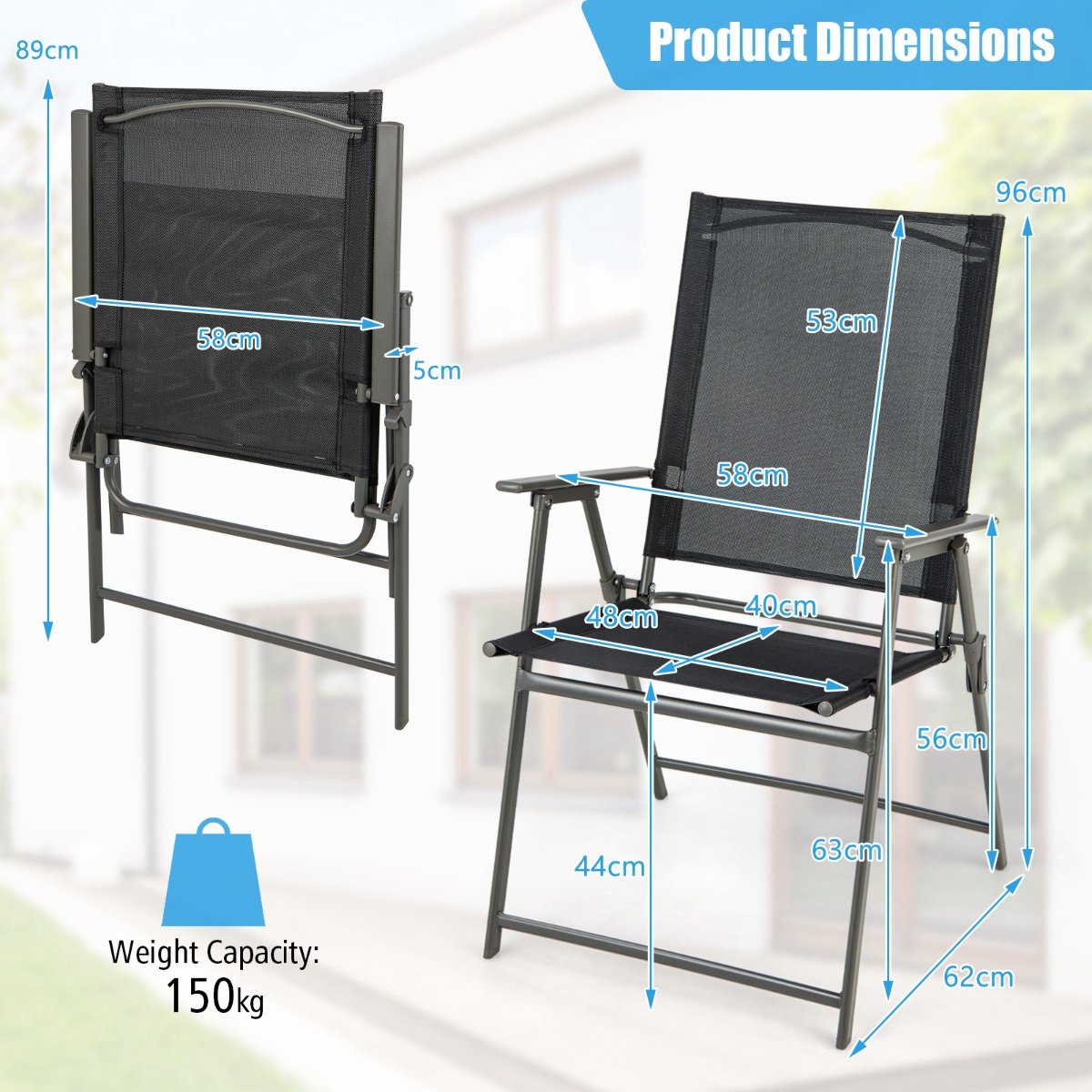 SureDeal® - Tuinmeubel - Delige Opvouwbare Tuinstoelen - Weerbestendige Stof Draagbare - Zwart - 62x58x89 cm - Zwart + Grijs