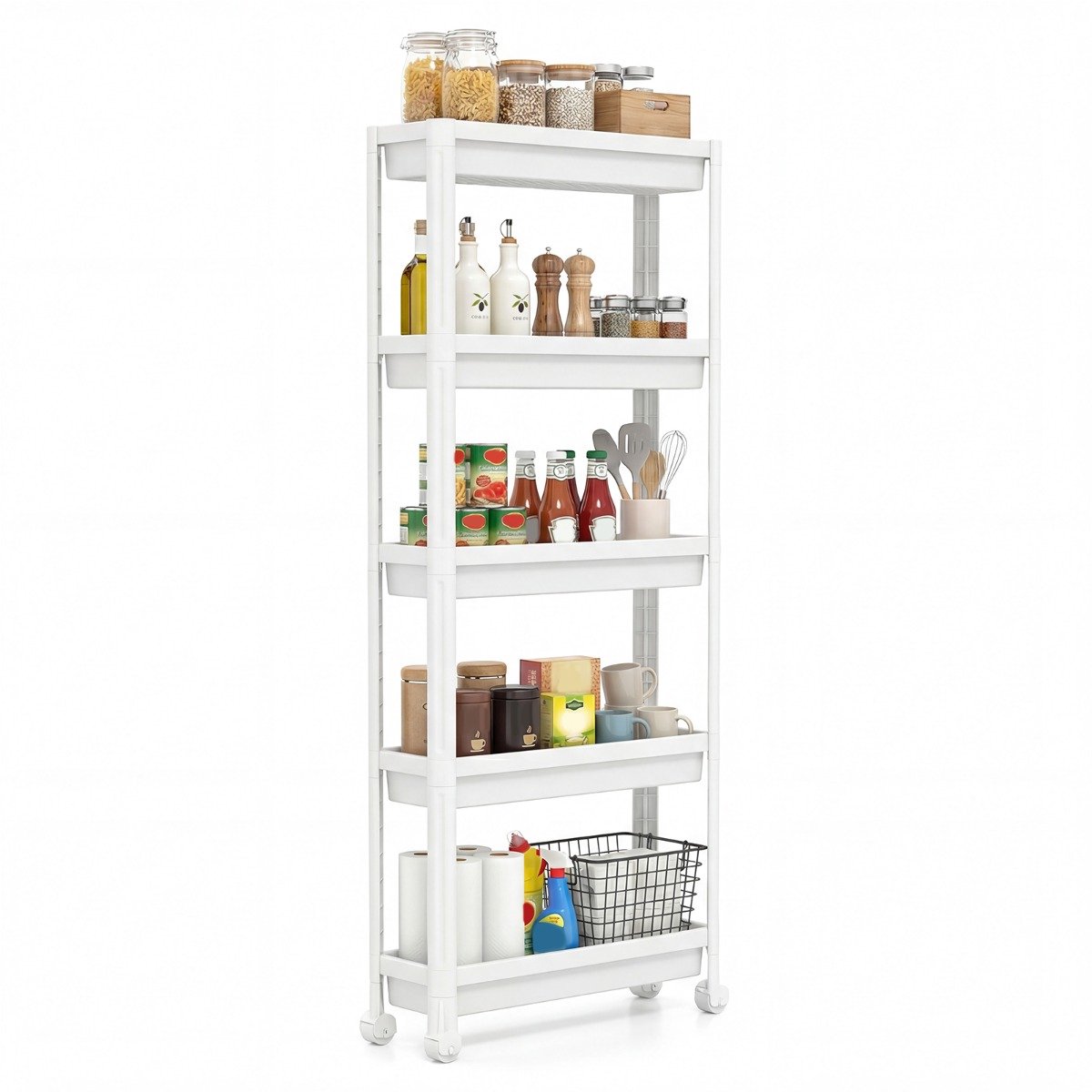 SureDeal® - Keukentrolley - Laags Rolwagen Smalle - Soepel Rollende Wielen - 54x18,5x124 cm - Wit