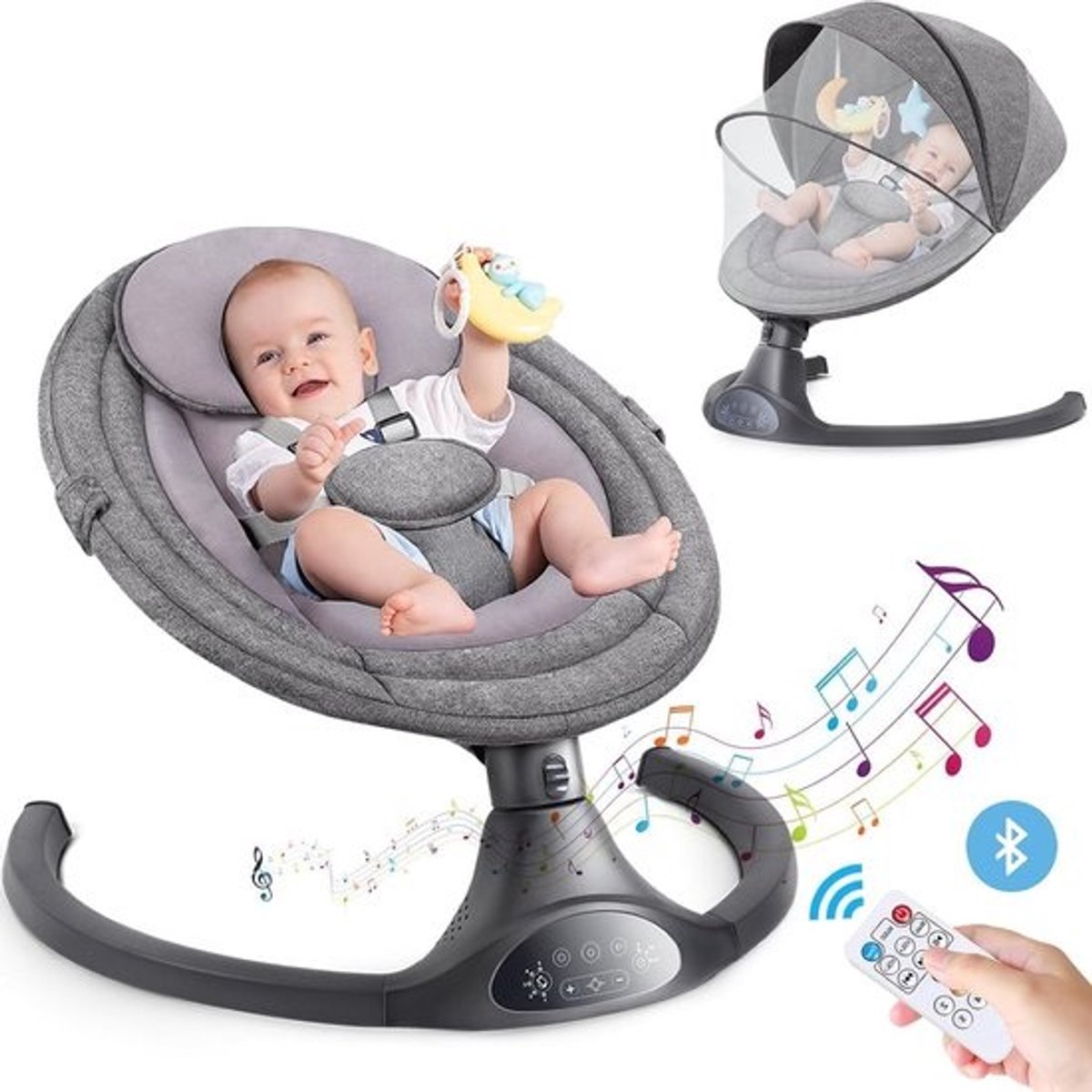 Elektrische Baby Schommel - Baby Wieg - Kalmeren Baby - Vijf Snelheden - Stabiele Basis - Donkergrijs