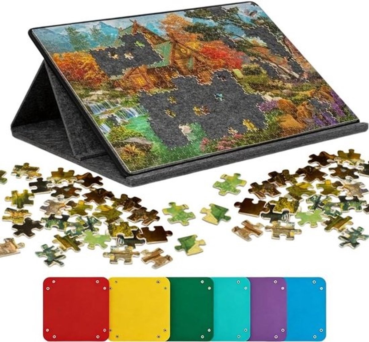 Puzzelplank 1000 stukjes - Puzzelbord Vilten - Puzzels Sorteren - Met 6 Sorteervakken - 78 x 53 cm - Grijs