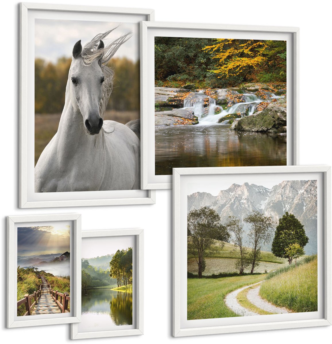 Wallfluent 5-Delige Schilderij Set - Natuurlijke Schoonheid Van Landschappen En Dieren In Harmonie - 50 x 50 cm, 20 x 30 cm En 40 x 60 cm - Stijlvolle Wanddecoratie - Interieur - Interieur Decoratie