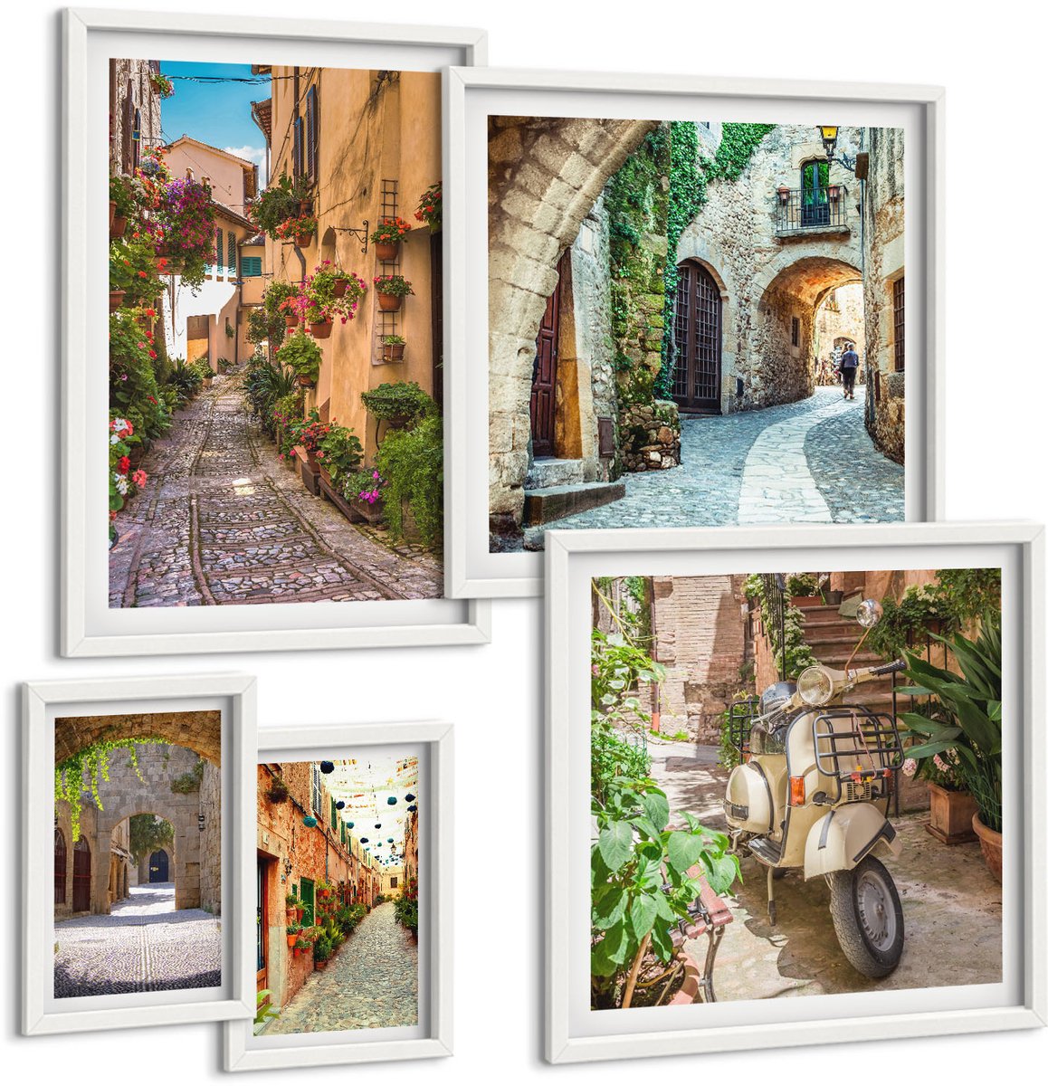 Wallfluent 5-Delige Schilderij Set - Sfeervolle Straatjes Met Bloemen In Italiaanse En Mediterrane Stijl. - 50 x 50 cm, 20 x 30 cm En 40 x 60 cm - Moderne Wanddecoratie - Woonkamer