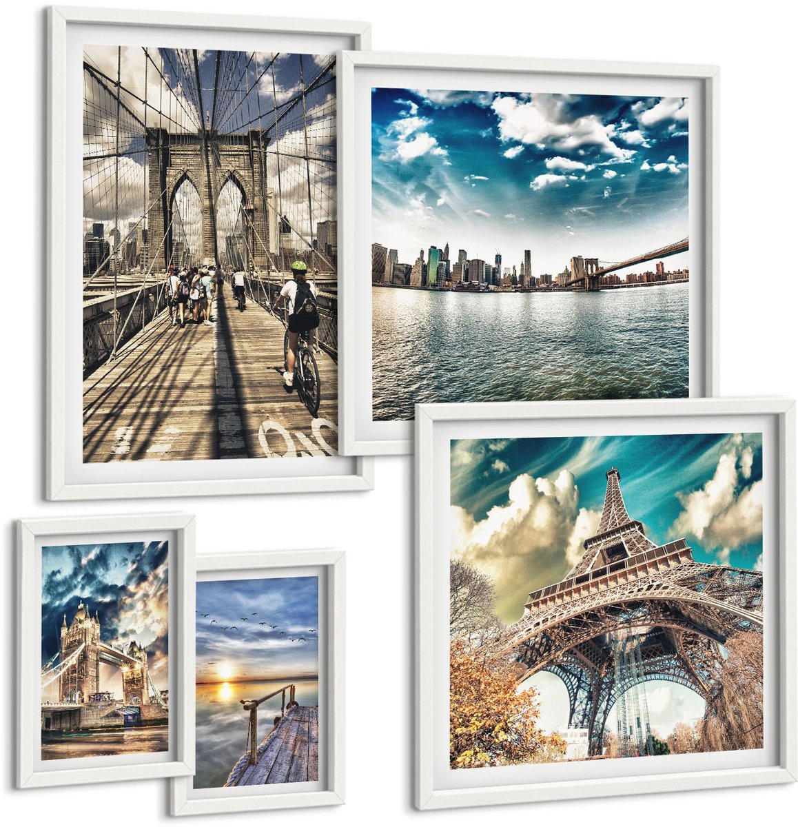 Wallfluent 5-Delige Schilderij Set - Stedelijke Landschappen Met Bruggen En Beroemde Gebouwen - 50 x 50 cm, 20 x 30 cm En 40 x 60 cm - Muurdecoratie - Schilderijen Set - Woonkamer
