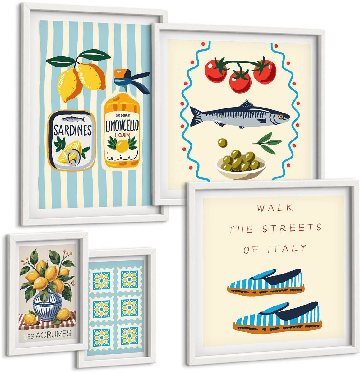 Wallfluent 5-Delige Schilderij Set - Keukeninspiratie Uit Italië: Citrusvruchten En Zeevruchten - 50 x 50 cm, 20 x 30 cm En 40 x 60 cm - Stijlvolle Muurdecoratie - Kantoor - Wanddecoratie