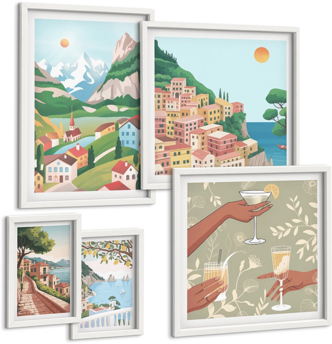 Wallfluent 5-Delige Schilderij Set - Betoverende Landschappen En Momenten Van Ontspanning In De Buitenlucht - 50 x 50 cm, 20 x 30 cm En 40 x 60 cm - Wanddecoratie - Woonkamer Decoratie - Stijlvolle Muurdecoratie