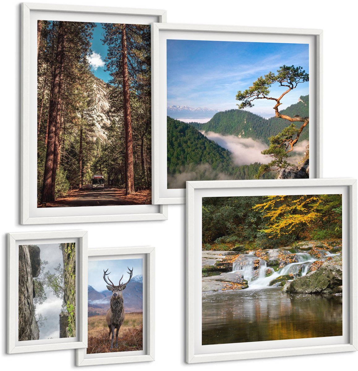 Wallfluent 5-Delige Schilderij Set - Natuurlijke Landschappen Van Bergbossen En Wilde Dieren - 50 x 50 cm, 20 x 30 cm En 40 x 60 cm - Stijlvolle Muurdecoratie - Slaapkamer - Wanddecoratie
