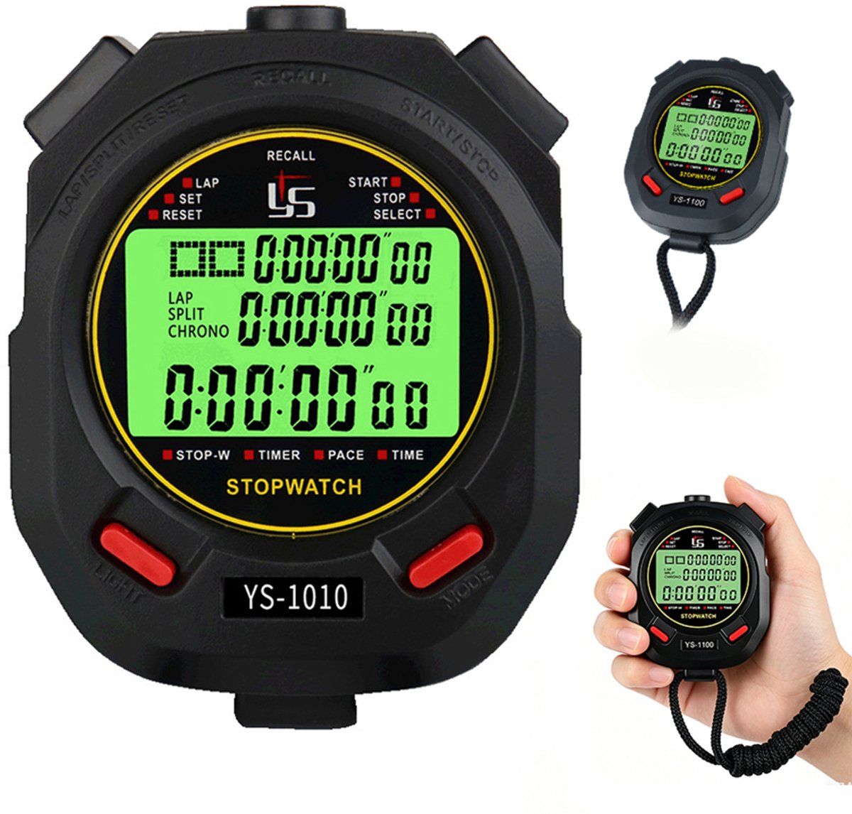 Digitale stopwatch – Lichtgevende stopwatch – Elektronische sporttimer – Professionele trainingstimer – Waterdicht – Sportaccessoires – Hardlopen & Atletiekbaan – Fitnesshulpmiddelen – 75×62×21mm – Zwart