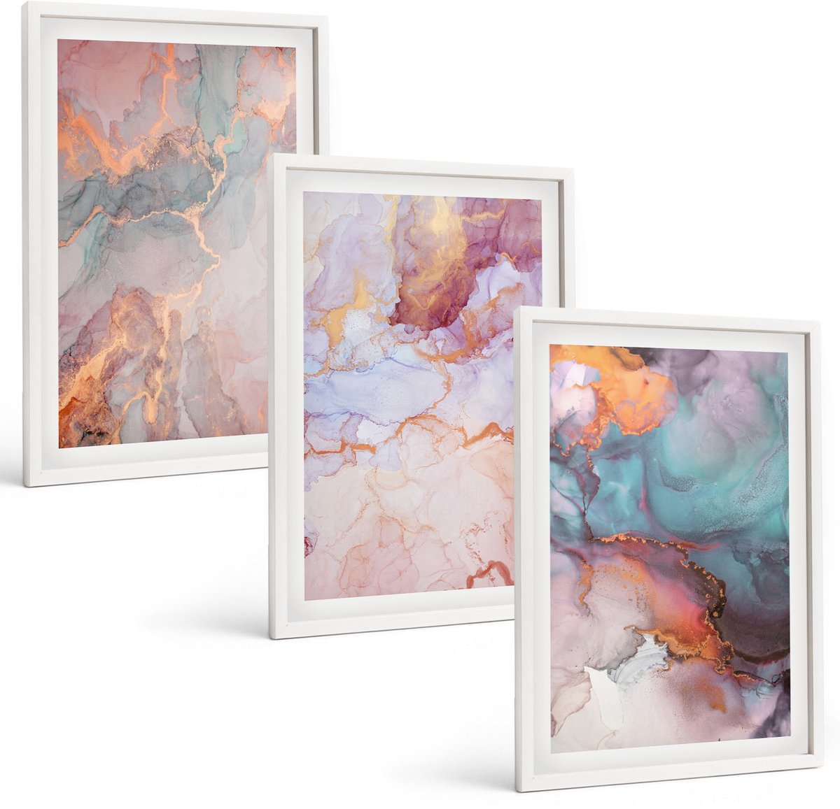 Wallfluent 3-Delige Schilderij Set - Abstracte Patronen In Pastelkleuren Met Accenten - 40 x 60 - Stijlvolle Muurdecoratie - Kantoor - Woonkamer Decoratie