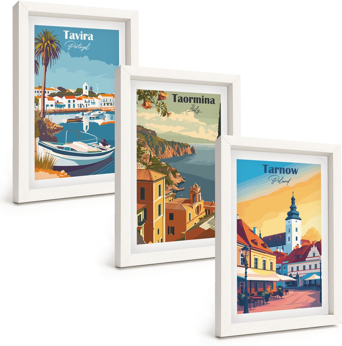 Wallfluent 3-Delige Schilderij Set - Uitzichten Op Kuststeden En Hun Architectuur - 20 x 30 - Schilderijen Set - Wanddecoratie - Woonkamer - Muurdecoratie