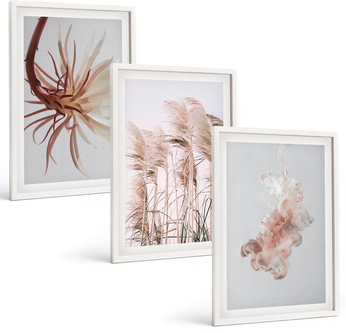 Wallfluent 3-Delige Schilderij Set - Bloemen En Grassen Op Een Lichte Achtergrond In Een Harmonieus Geheel. - 40 x 60 - Stijlvolle Muurdecoratie - Kantoor - Moderne Wanddecoratie