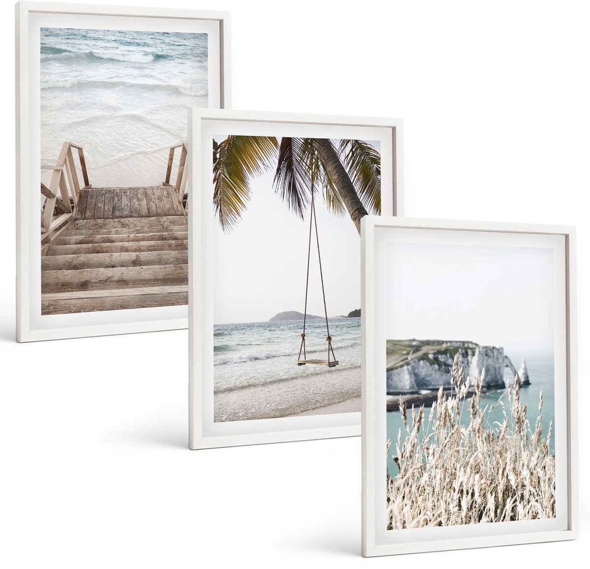 Wallfluent 3-Delige Schilderij Set - Strand Met Houten Trap En Een Schommel Aan Zee - 40 x 60 - Wanddecoratie - Moderne Interieurdecoratie - Woonkamer Decoratie