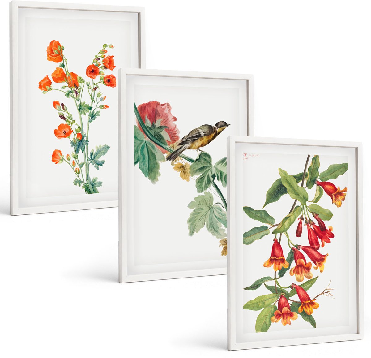 Wallfluent 3-Delige Schilderij Set - Geschilderde Retro Bloemen En Een Vogel Op Een Tak - 40 x 60 - Stijlvolle Muurdecoratie - Slaapkamer - Moderne Wanddecoratie